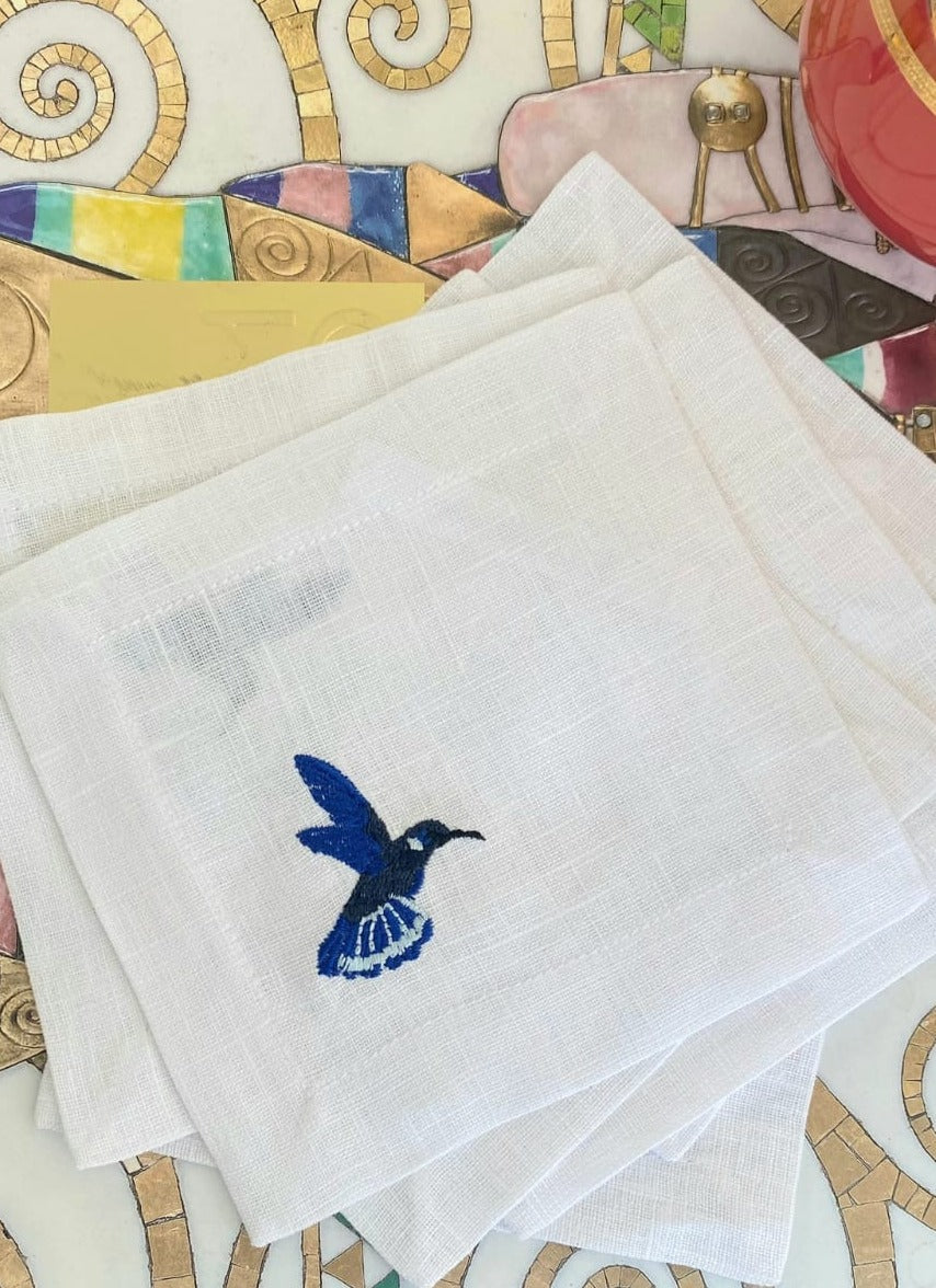 Embroidered Blue Colibri Linen Cocktail Napkins - Set of 6