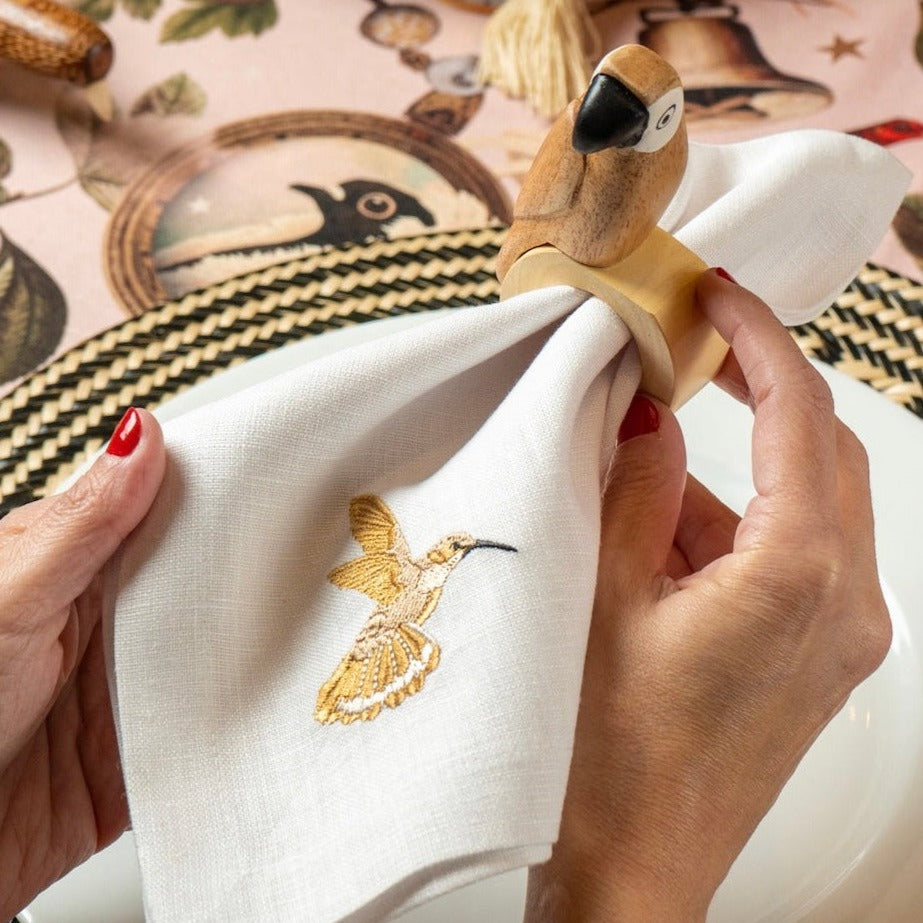 Embroidered Gold Colibri Linen Napkins - Set of 6