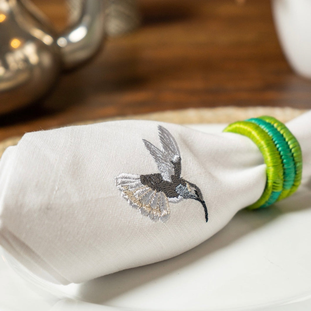 Embroidered Silver Colibri Linen Napkins - Set of 4